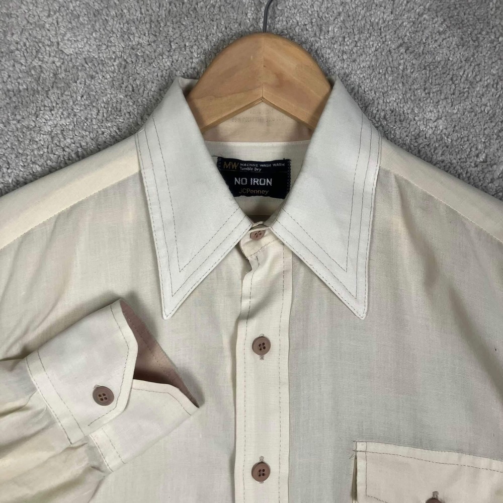 Vintage 70s JCPenney No Iron Mens Shirt Cream Long Sleeve Button Up 60s Disco L